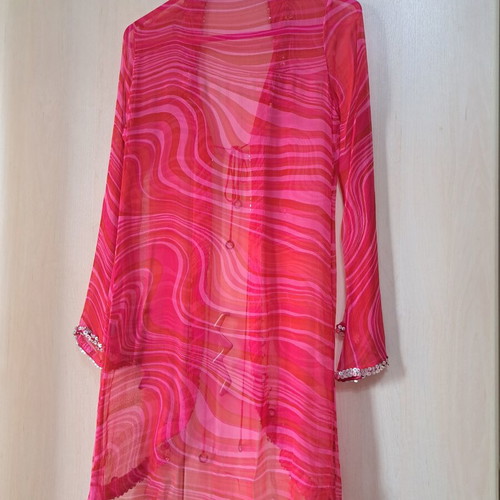 Women's caftan new, fuchsia-pink muslin with sequins and stones