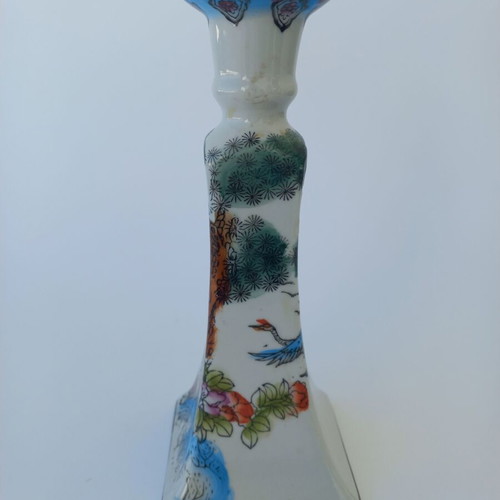 Vintage porcelain Chinese candlestick like new with hand-painted cranes