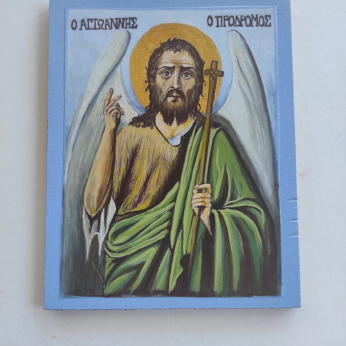 Handmade icon Saint John the Baptist egg tempera on plywood