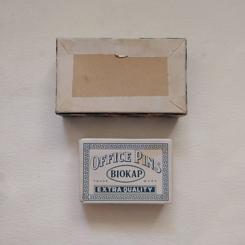 Vintage office set with Biokap pins and Smyrli bookstore box