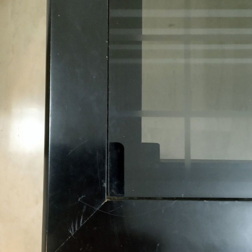 Black modern dining table like new, solid wood with smoked glass top