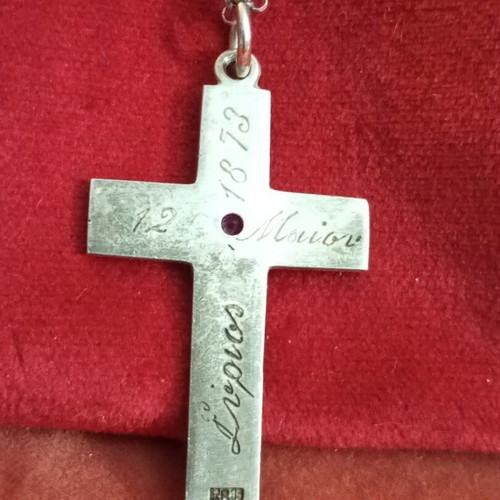 Silver cross necklace 925 with synthetic ruby used, old Russian