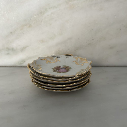 Vintage porcelain set of 6 miniature plates with gold trim