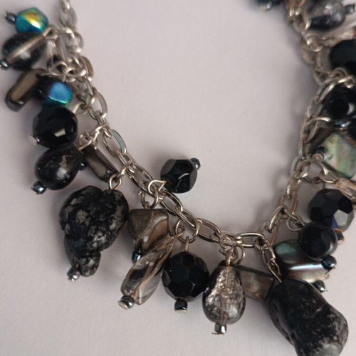 Silver bracelet with black charms and holographic details new