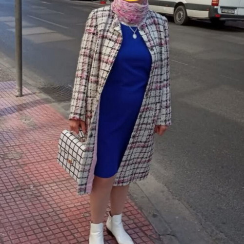Coat used, no collar, fastens with studs, size M, white multicolor