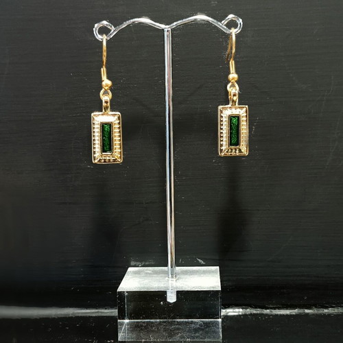Apefthon dangling earrings with green enamel and gold details, new
