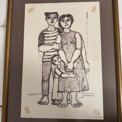Lithograph Couple with Girl used, Giorgos Sikeliotis