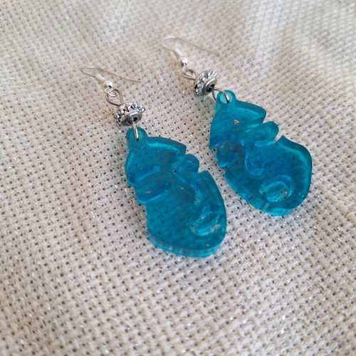 Blue liquid glass earrings with female face made to order