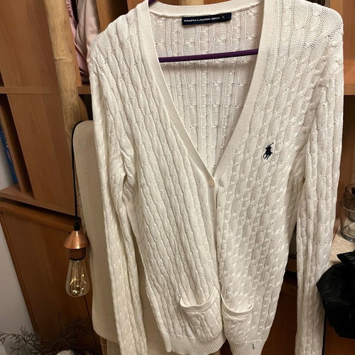 Polo cardigan white cable knit XL used, slim fit