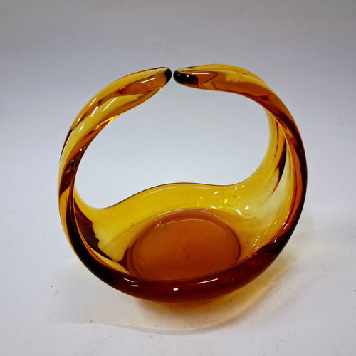 Handblown Glass Basket Amber Gradient Decorative Art Form like new