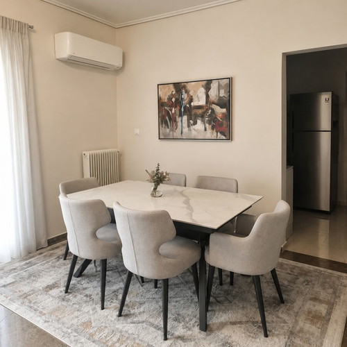 Modern dining set with ceramic top and solid wood, like new