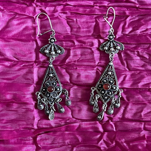 Gianniotika earrings silver 925 like new with filigree and red stone