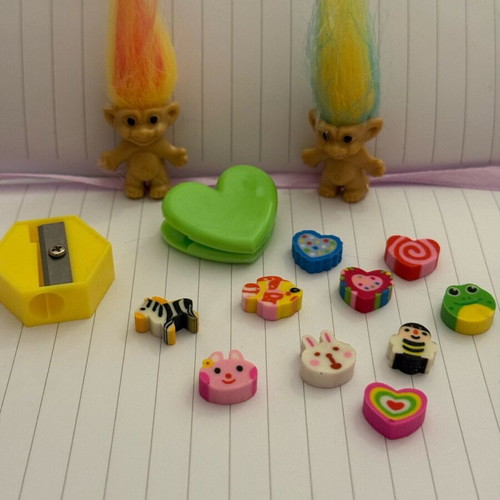 School set new with erasers, heart clip, sharpener and wish trolls