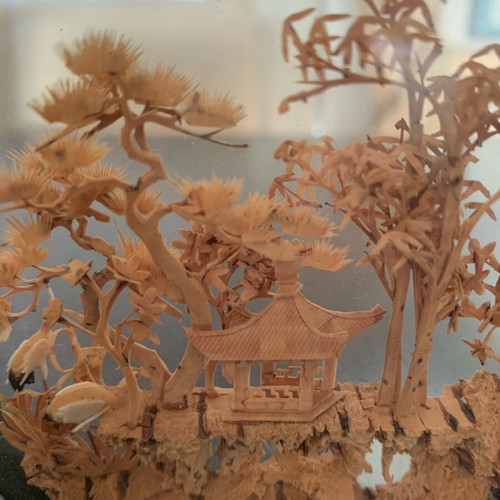Diorama micro-sculpture on cork used with wooden base and glass