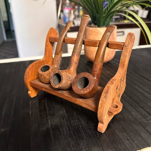 Kansas wooden pipe set with handmade wooden stand used, vintage