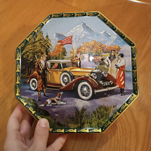 Vintage metallic box from Denmark like new, hexagonal with car design