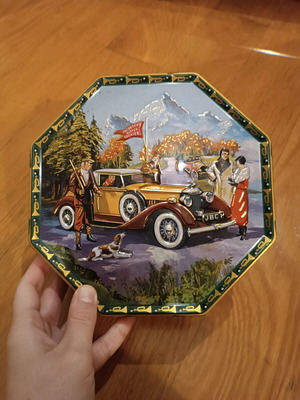 Vintage metallic box from Denmark like new, hexagonal with car design