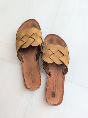 Leather sandals used, handmade, yellow, size 39