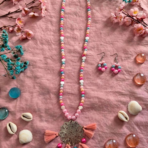 Bohemian tassel long necklace and earrings set colorful, handmade