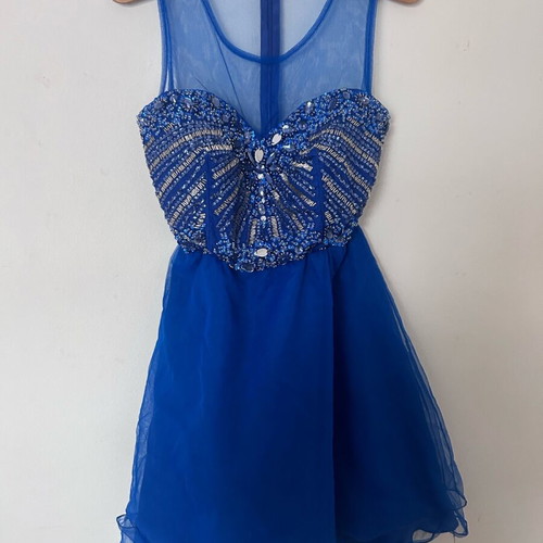 Evening mini dress with beads and transparency like new, blue