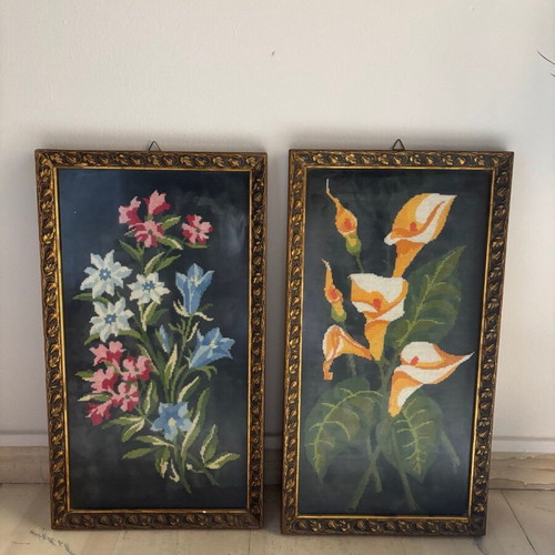 Framed embroidery textile paintings like new, set of 2