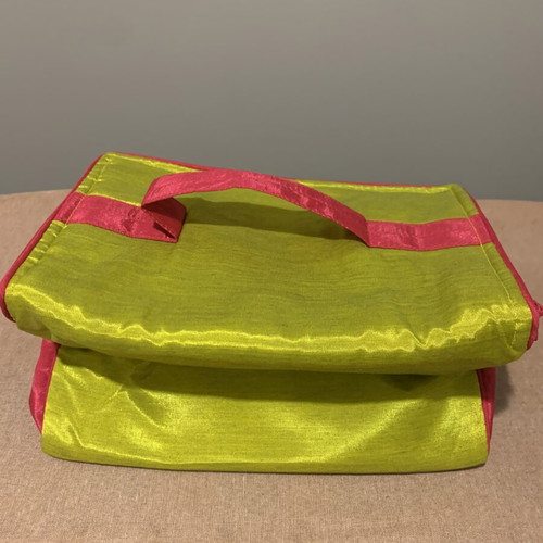 Cosmetic toiletry bag with handle, pink and green
