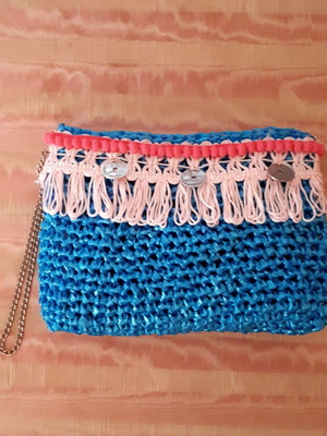 Boho τσαντάκι clutch χειροποίητο τιρκουάζ με ροζ διακοσμητικά