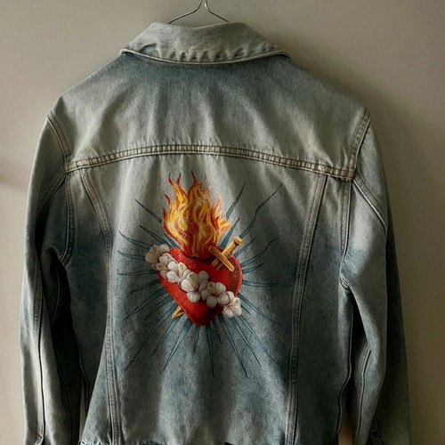 Palm Angels Sacred Heart Denim Jean Jacket Men Sz-S like new, white and blue