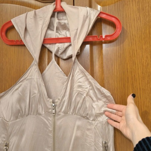 Mini satin women's formal dress with zipper and hood, like new, silver, size XS/S