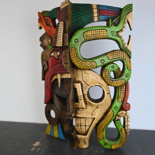 Wooden mask used, rare Maya design, 40 cm height