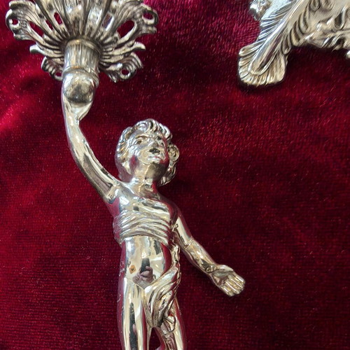 Vintage cherubs metal candlesticks pair, excellent condition