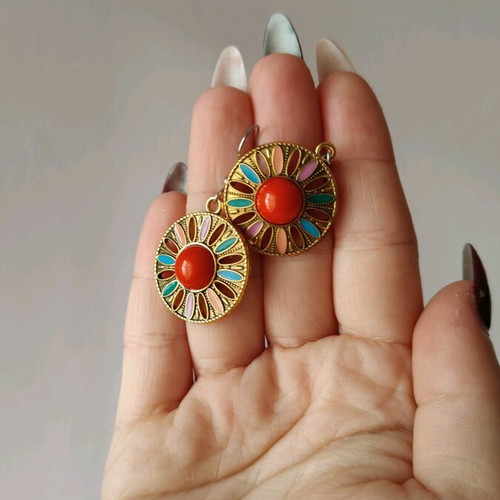 Copper earrings gold plated with colorful details and steel clasp new