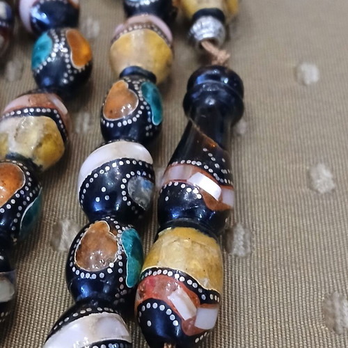 Yiousouri Worry Beads used with amber, mother-of-pearl and silver embroidery