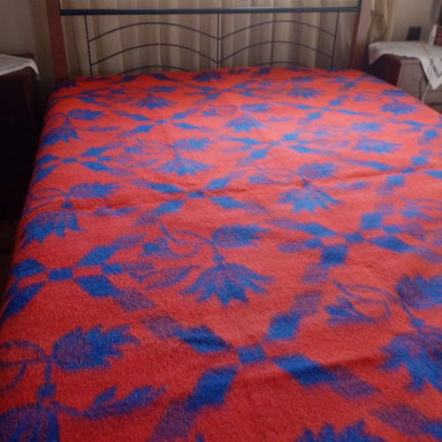Blue orange-red handmade velentza blanket woven on loom, new
