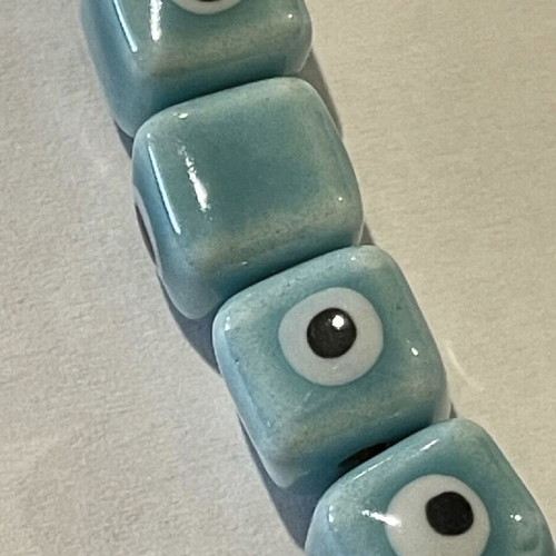 Enamelled ceramic cube-shaped evil eye beads, new, turquoise