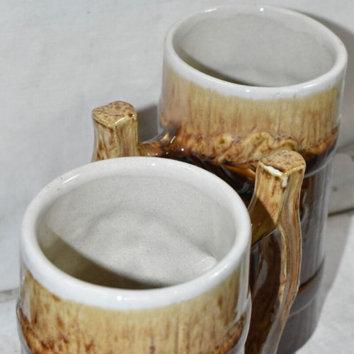 Set of 2 vintage ceramic beer mugs used with rustic wood and leaf design