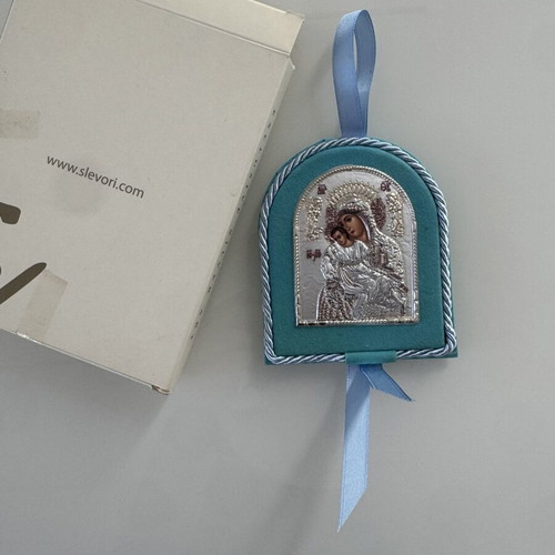Silver Hanging Baby Cradle Icon Boy Panagia Axion Esti with Christ new