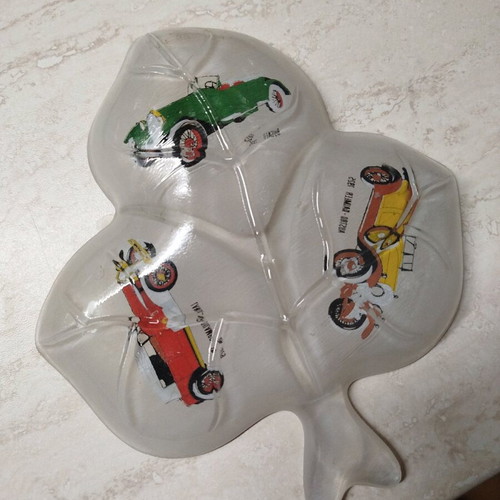 Vintage nut dish used, matte glass with 1925-1929 car illustrations
