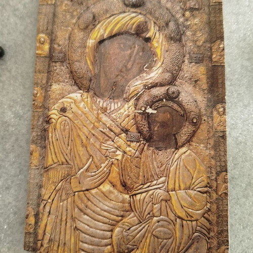 Pack of used old religious icons and crosses with Mount Athos photo