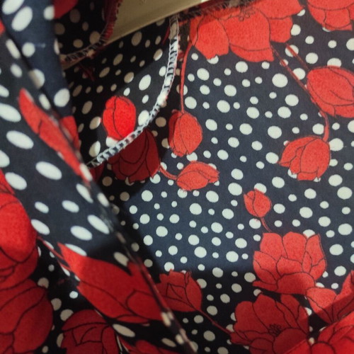 Vintage shirt new with shoulder pads, black with white polka dots and red roses, size L-XL
