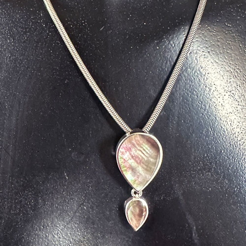 Vintage 925 Silver Pendant with Black Mother of Pearl Double Teardrop and Chain