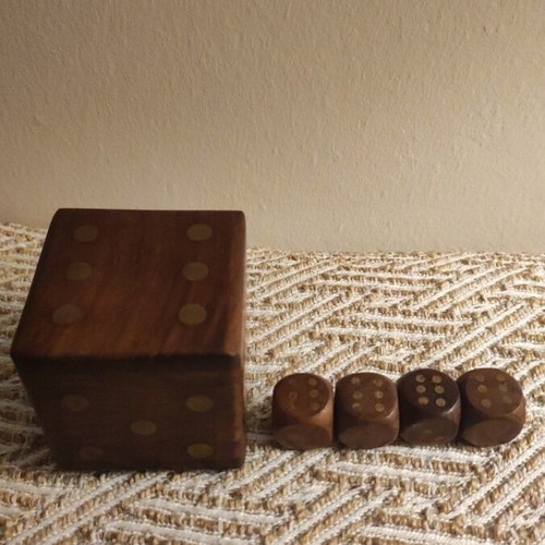 Handmade wooden dice set with vintage brass inlay box like new