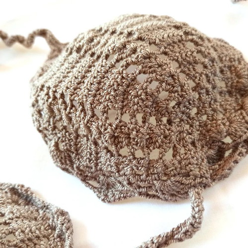Handmade knitted swimsuit new, brown with yellow and white details, small