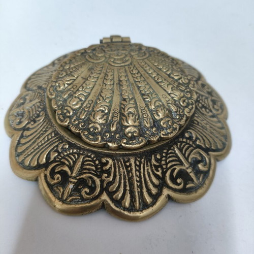 Vintage brass decorative container with lid used, carved design