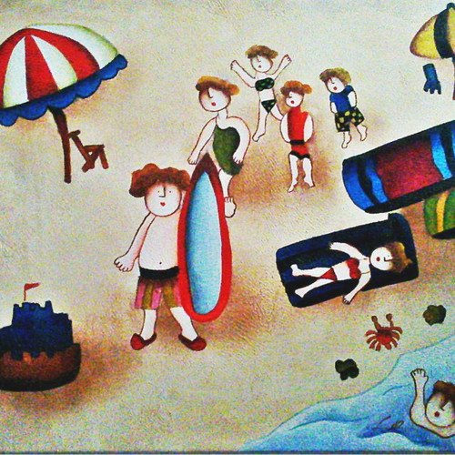 Children's canvas painting signed, like new, summer beach scene