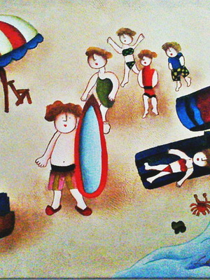 Children's canvas painting signed, like new, summer beach scene