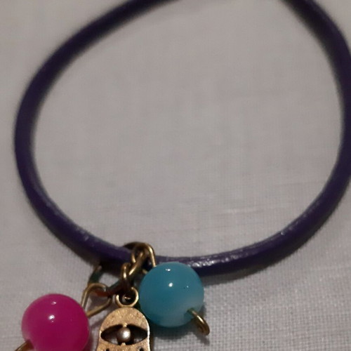 Hamsa bracelet new, purple genuine leather with charms
