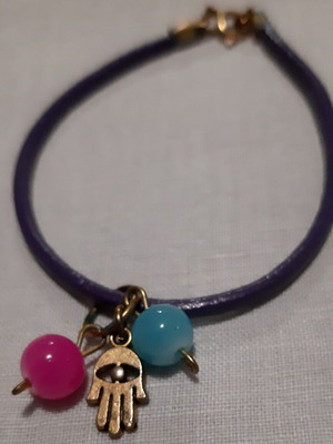 Hamsa bracelet new, purple genuine leather with charms