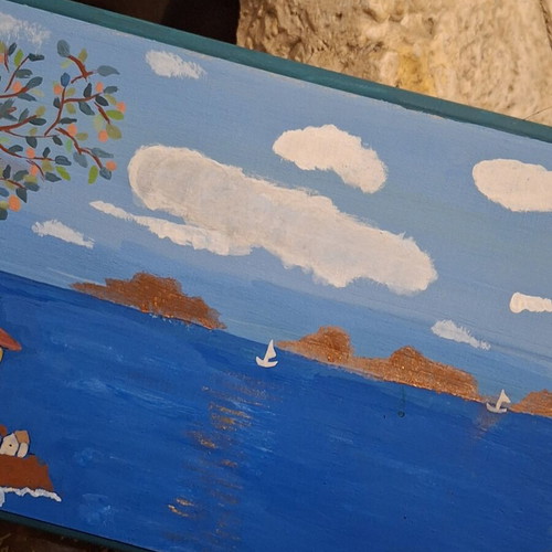 Handmade decorative wooden plaque with Aegean sea painting