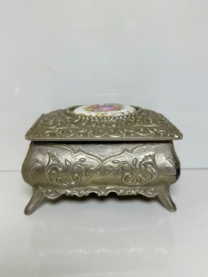 Vintage metal jewelry box used, Victorian style with porcelain plaque